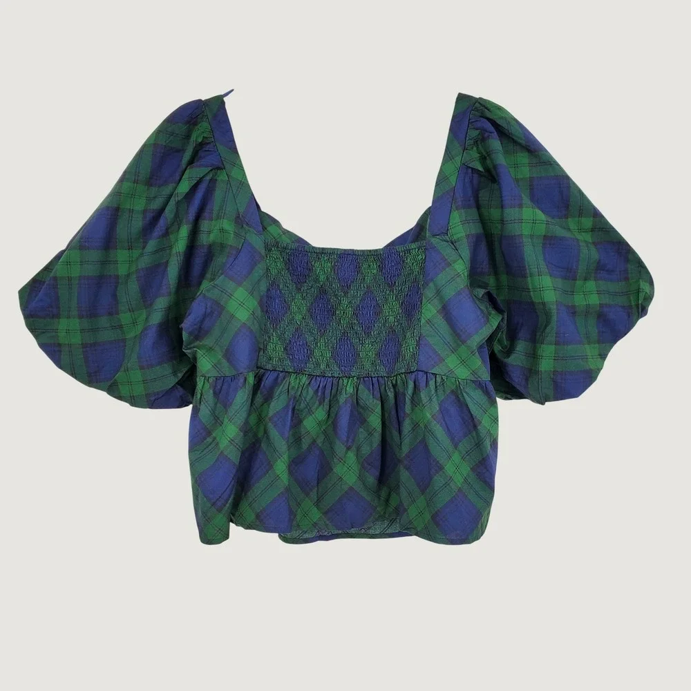 Old Navy Womens 2X Blue Green Plaid Puff Sleeve Peplum Smocked Top 100% Cotton